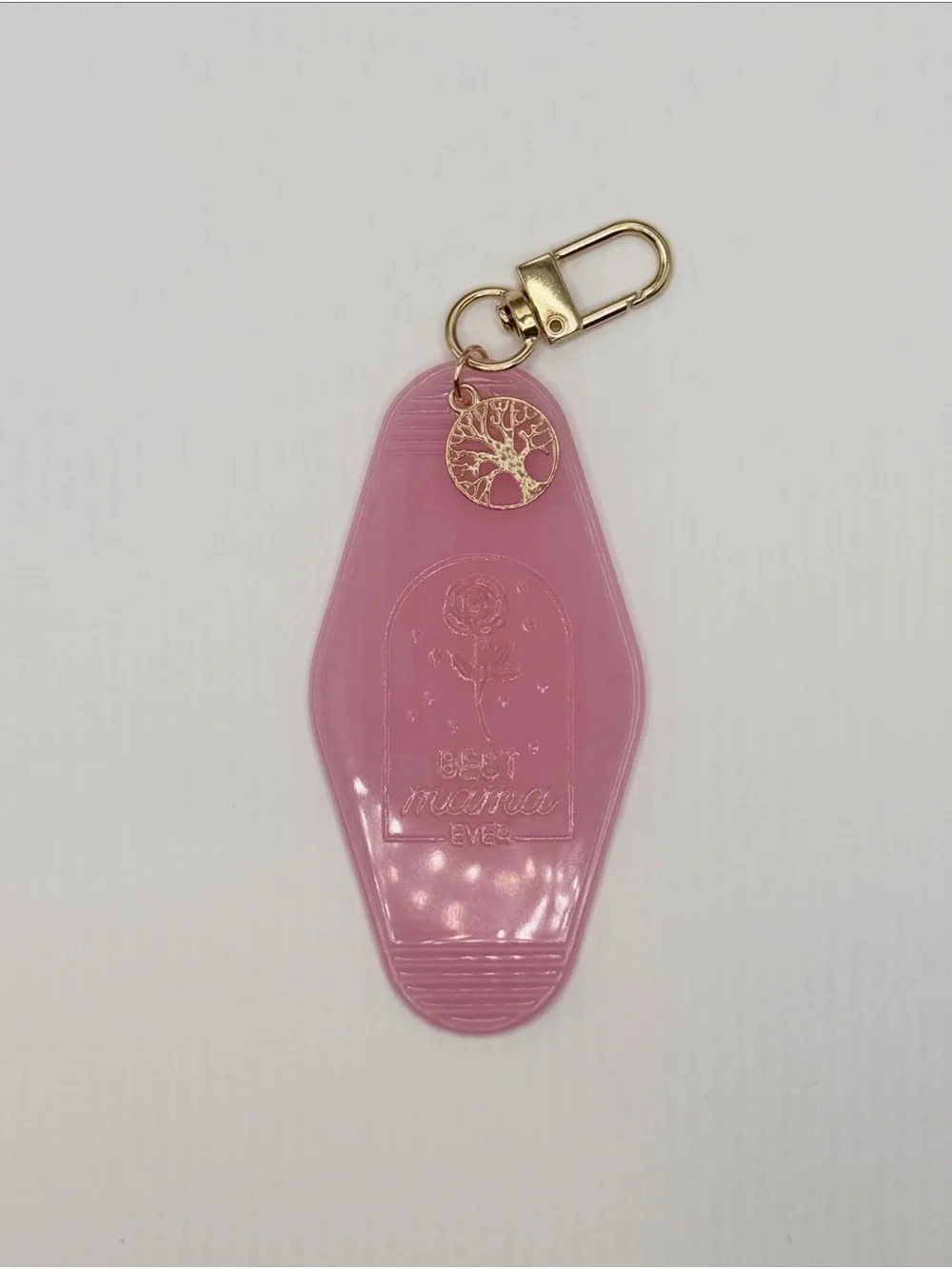 Pink 'Best Mama Ever' Keychain with Gold Tree Charm